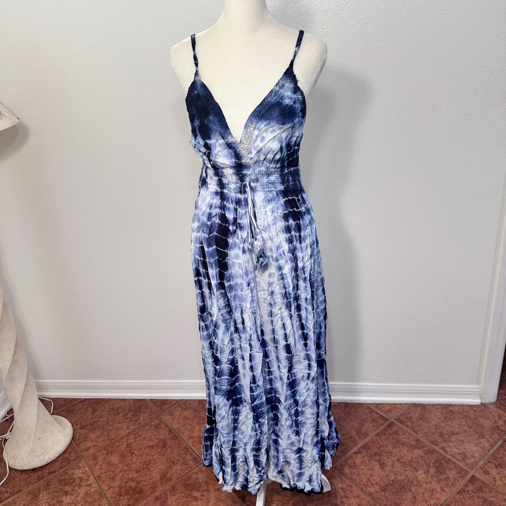 Boho Tie Dye Smocked Cottage Core Maxi Dress Women OS Blue